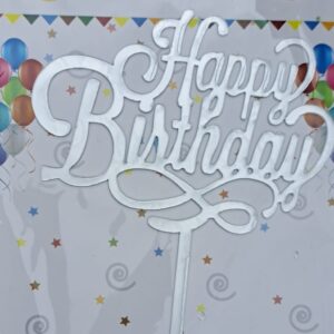 Toper acril, happy birthday, argintiu