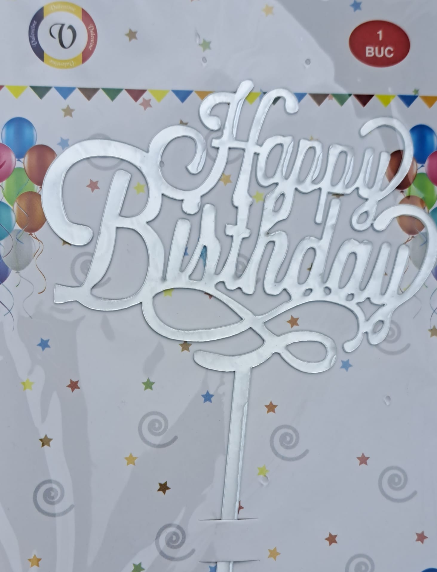 Toper acril, happy birthday, argintiu