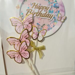 Toper Happy Birthday +3 fluturi cu bete, Roz