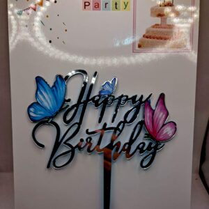 Toper Happy birthday, auriu, fluturi roz albastru