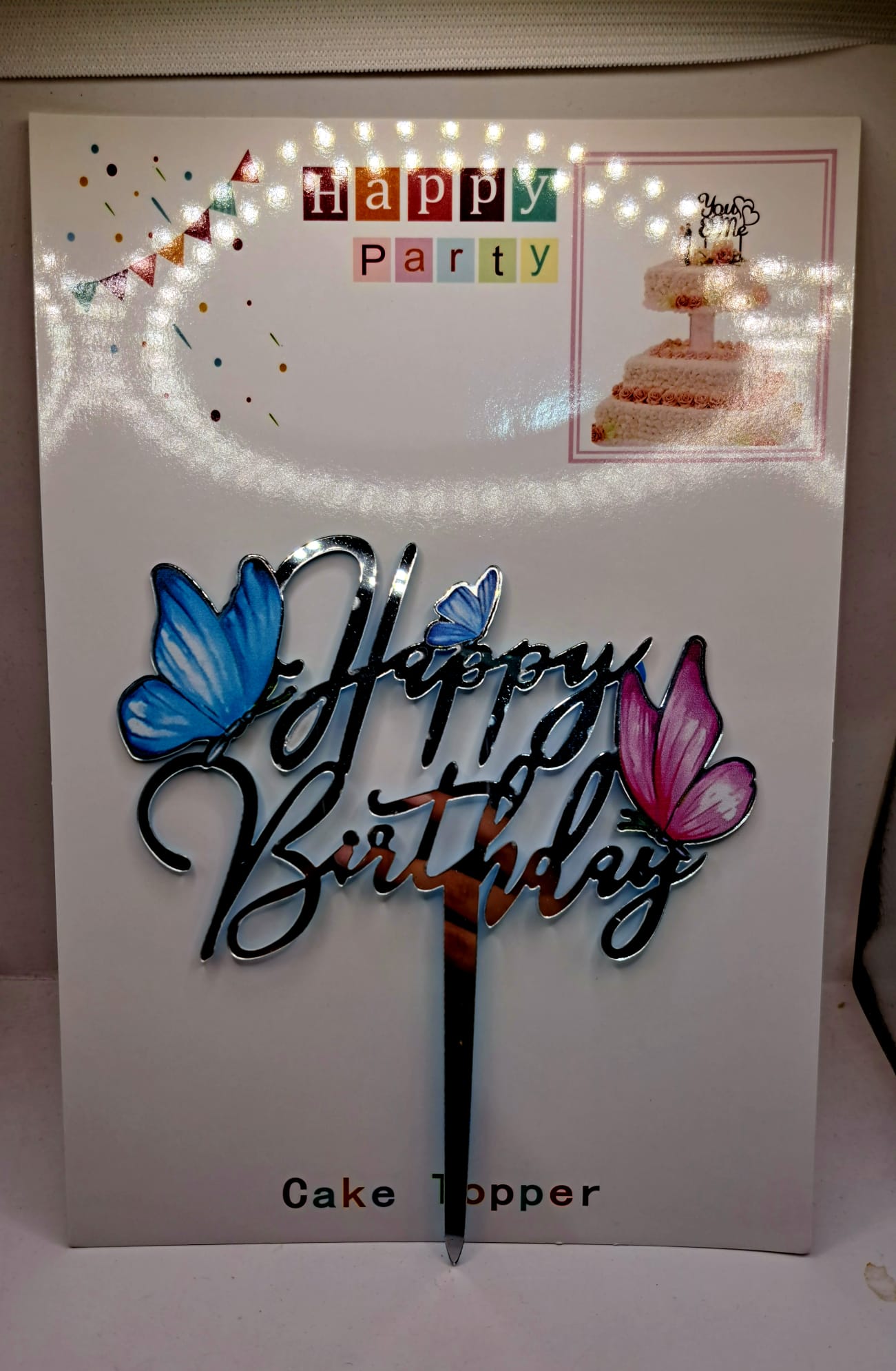 Toper Happy birthday, auriu, fluturi roz albastru